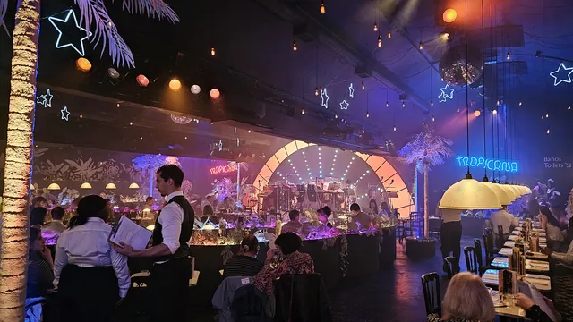 The Paradise Under the Stars venue, with palm trees, neon lights and the stage at the back